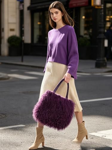 Women Luxury Real Curly Mongolian Lamb Fur Purse - color: Purple