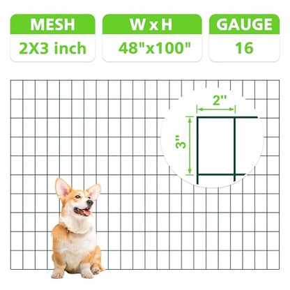 Green PVC Coated Welded Wire Fencing,2"x3" 16 Gauge,48inch H x 100ft L Garden Wire Fence Roll,2/3/4/5/6ft Tall x 50/100 ft Long Hardware Cloth Metal Mesh for Yard,Farm,Chicken,Dog,Vegetable Protection - color: Green, size: 2"x3" 48inx100ft