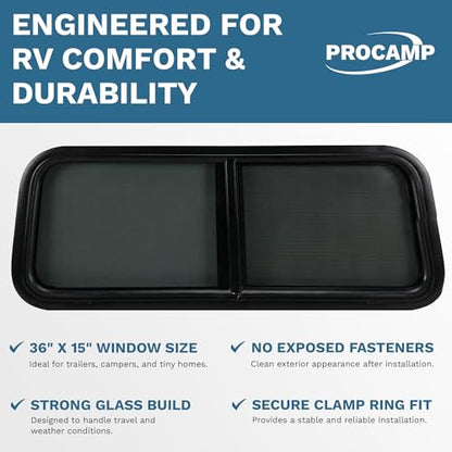 ProCamp RV Window 36x15 | Horizontal Slider, Screen & Trim Ring