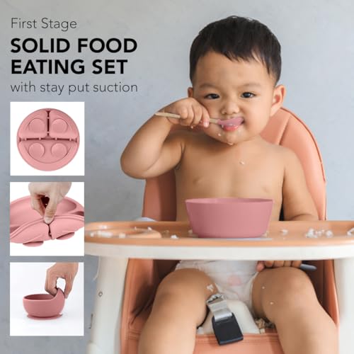 Silicone Baby Feeding Tray Dusty Pink Mealtime Plate with Suction Base Divided Sections for Infant and Toddler Feeding - color: Dusty Pink