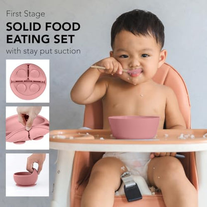 Silicone Baby Feeding Tray Dusty Pink Mealtime Plate with Suction Base Divided Sections for Infant and Toddler Feeding - color: Dusty Pink