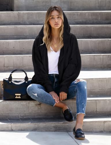 Zilcremo Women Hooded Cardigan Open Front Fuzzy Jacket - color: Black, size: Small