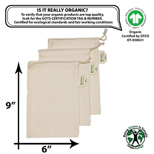Simple Ecology Reusable Grocery Produce Shopping and Storage Bags, Organic Cotton Muslin, XSmall 3 pack - size: XSmall (6"x9") - 3 Pack