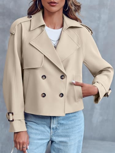 Saodimallsu Women Crop Double Breasted Trench Coat Short Cropped Jacket - color: Light Khaki, size: Small