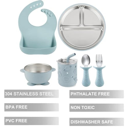 PandaEar 6-in-1 Stainless Steel Baby Feeding Set | Divided Suction Plate, Bowl, Sippy Cup with Straw, Bib, Spoon & Fork | BPA-Free Toddler Feeding Essentials for Self-Feeding (Blue) - color: Blue