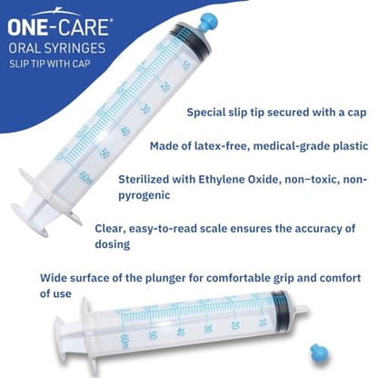 ONE-CARE Oral Syringe, 60 mL, Slip Tip, with Cap, 25 Count - size: 60ml