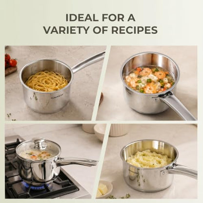 Sunhouse: Stainless Steel Saucepan - Classic: 2 Quart - Tempered Glass Lid, 3-Ply Bottom, Round-Edge Cookware Pot, All Cooktop-Oven-Dishwasher Safe
