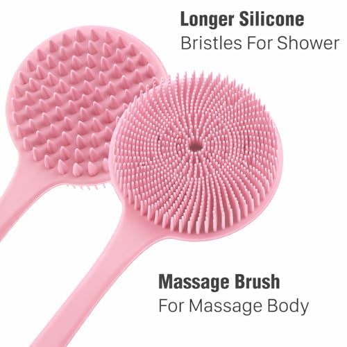 Silicone Body Scrubber for Shower Men Women – Dual-Sided Exfoliating & Massage Shower Brush with Long Handle, Creates Rich Lather, Includes 1 Hook & 2 Lather Balls (Pink). - color: Pink