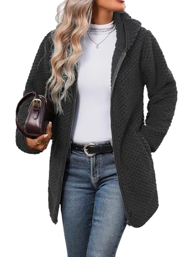 Vipwest Womens Fleece Jacket Hooded Winter Warm Full Zip Long Sleeve Sherpa Jacket Coat Outerwear with Hood (S-5XL) - color: Black Grey Dot, size: Small