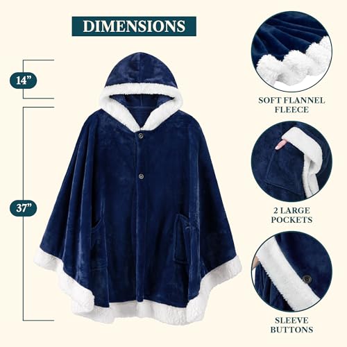 PAVILIA Hooded Blanket Poncho for Women, Fleece Wearable Shawl Wrap, Blue | Fleece Shawl Wrap with Hood, Adult Wearable Blanket, Cozy Warm Poncho Cape Throw with Pockets, Gift for Elderly Mom - color: Navy