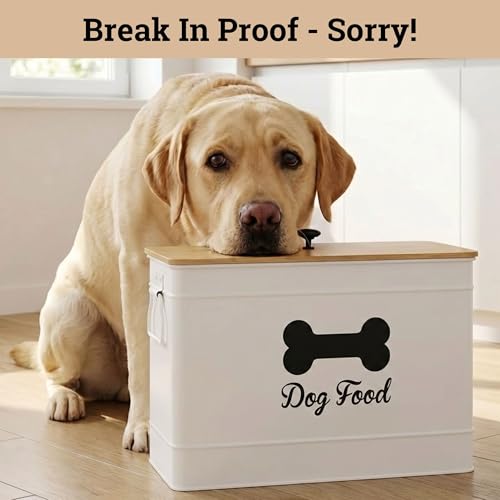 Metal Dog Food Container 15-20 lbs w/ Airtight Bamboo Lid, 70 Cup Capacity - color: White