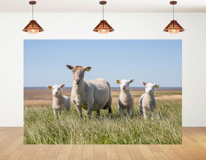8x6ft Fabric White Wool Sheep Family Backdrop Four Fluffy Lambs Tall Green Grass Blue Coast Sky Photography Background Tapestry Party Farm Animal Decorations Photo Booth Props - size: 8x6ft