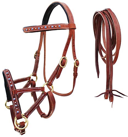 CHALLENGER Horse Western Harness Leather Turquoise Stone Bitless Sidepull Bridle w/Reins 77RS31