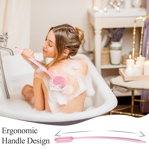 Silicone Back Scrubber for Shower, 17in Lengthen Long Handle Body Brush, Double Sided Shower Brush for Shower Exfoliating and Massage Can Produce Rich Foam, Long Handle Back Scrubber for Men - color: Pink
