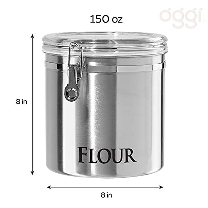 Oggi Jumbo 8" Stainless Steel Flour Clamp Canister - Airtight Food Storage Container Ideal for Kitchen & Pantry Storage of Flour or other Bulk, Dry Foods. (Pack of 3) - size: 8-Inch (Pack of 3), style: Flour Canister