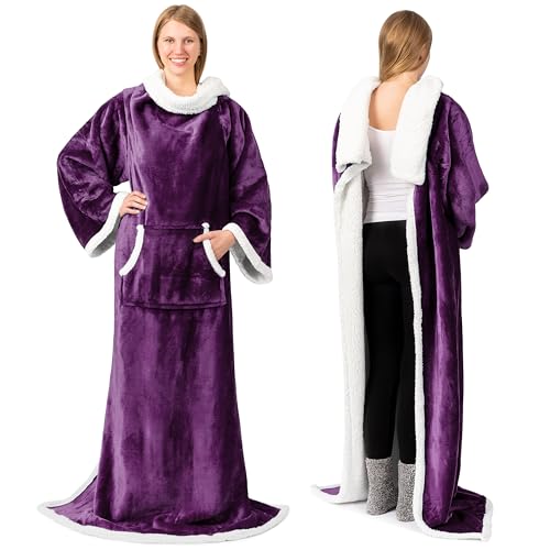PAVILIA Sherpa Wearable Blanket with Sleeves and Pocket, Plush Thick Cozy Body Blanket Wrap for Adult Women Men, Christmas Gift for Wife Mom, Purple - color: Violet Purple