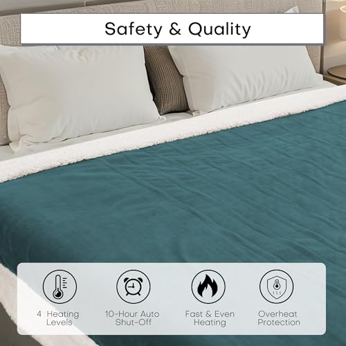 Electric Heated Blanket 62"x84" Twin Size-Teal Green | Safe All Night, Dual-Sided Microplush Sherpa for Bedroom Use, 4 Heat Settings & 10 Hours Auto Off, Machine Washable - color: 04-teal, size: Twin(62"x84")
