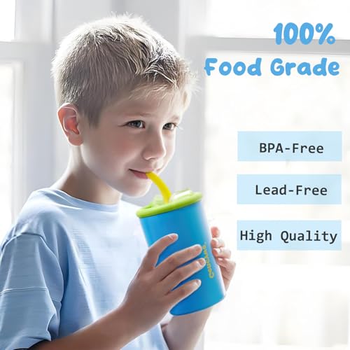 Gencywe® 2 PACK Kids Double Walled Stainless Steel Cups with Straws and lids | 12 oz Spill-Proof Sippy Smoothie Tumbler Set, Small Kids Snack & Drink Water Cups, BPA-Free (Age: 3+ years old & up)