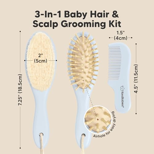 KeaBabies Baby Hair Brush and Comb Set & Baby Hooded Towel - Wooden Brush with Soft Goat Bristle, Soft and Absorbent Kids Towel with Cute Hood