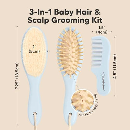 KeaBabies Baby Hair Brush and Comb Set & Baby Hooded Towel - Wooden Brush with Soft Goat Bristle, Soft and Absorbent Kids Towel with Cute Hood