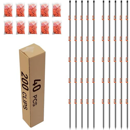 76Inch Electric Fence Posts 40Pack, Fiberglass Fence Post with 200 Adjustable Clips for Garden, Step-in Temporary Fence Stakes for Patio Yard Farm, Glass Fiber Fencing for Livestock Horse Cattle - size: 76 Inch