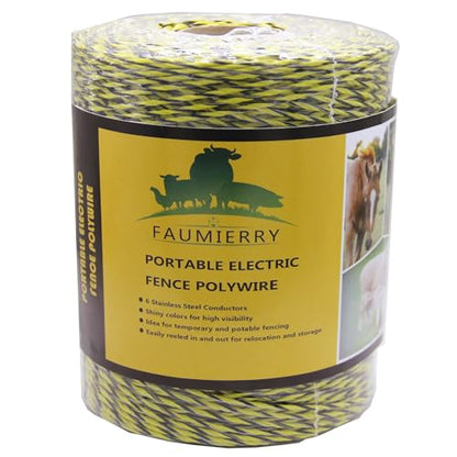 Portable Electric Fence Poly Wire 1312 Feet 400 Meters, 6 Stainless Steel Conductors for Reliable Conductivity, UV Treatment, Rust Resistance - Yellow & Black - size: 1312ft