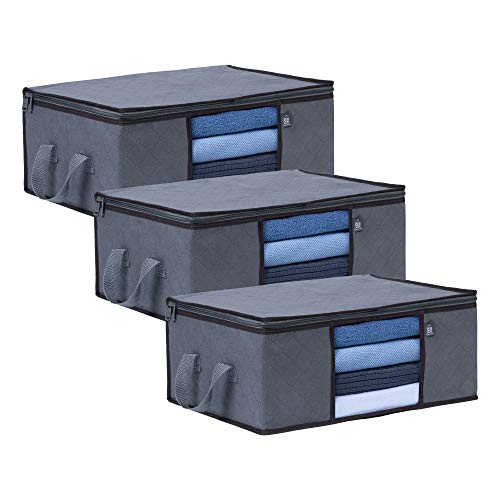 VENO 3 Pack Medium Clothes Storage Bag with Reinforced Handle 9.5 Gallon | Thick Container Bins Organizer for Blankets, Comforters, Bedding, Foldable w/ Sturdy Zipper, Clear Window, Grey(9.5 Gallon) - size: Medium, 9.5 Gallon, Set of 3