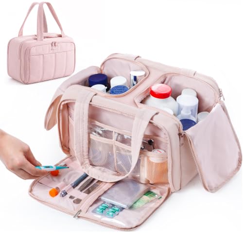 Travel Medicine Storage Bag with 2 Compartments, Wide-Mouth Medical Organizer, Puffy Lightweight First Aid Bag for Prescription Bottles, Pill Cases, Medical Supplies & Family Emergency Essentials - color: Pink