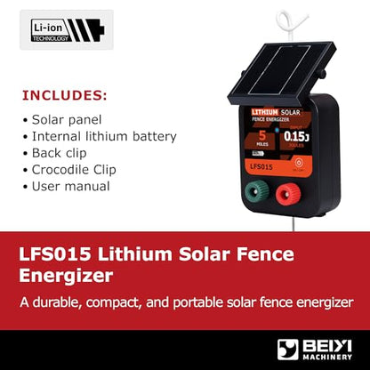 Solar Electric Fence Charger 5 Miles Range 20 Acres 0.15 Joules Energizer | Built-in 3.2V lithium battery & 1.8W solar panel Eco-friendly 0.15J energizer works on cloudy days to secure farms