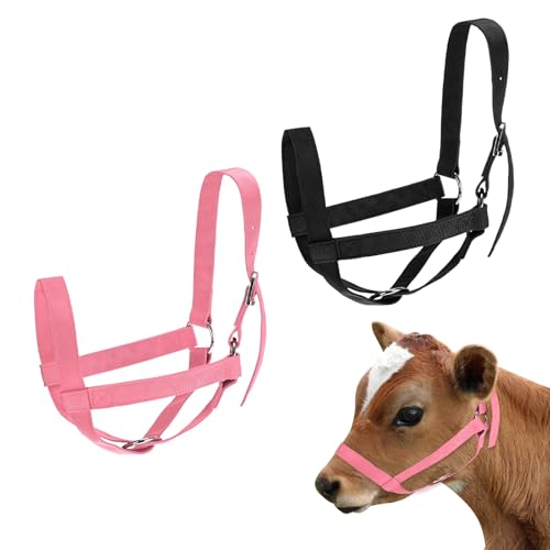 M METERXITY 2-Pack Adjustable Cattle Cow Calf Halter, 15.74"-19.68" Nylon Livestock Cow Halter for Miniature Horse/Donkey/Goat/Cattle [Black/Pink]