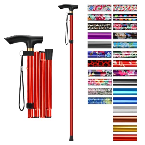 supregear Folding Cane, 5-Level Adjustable Height Walking Stick Lightweight Collapsible Portable Travel Cane with Wrist Strap and T Handle for Elderly Disabled Men Women - color: Red