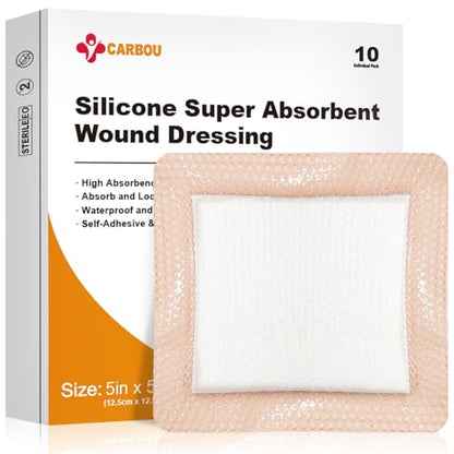 Carbou Silicone Super Absorbent Wound Dressing 5" x 5", 10 Individual Pack - size: 5"x5"