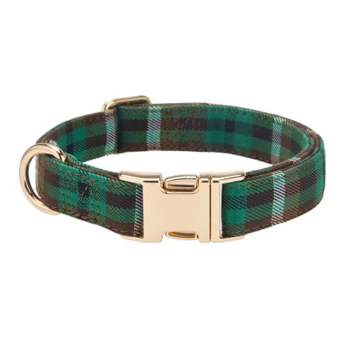 Cotton Plaid Dog Collar with Metal Buckle for Small Dogs (Dark Green) - color: Green Tartan, size: Small