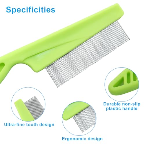 Flea Comb for Dogs and Cats, Green, 3pcs | Metal Pet Lice Comb, Fine Tooth Grooming Tool, Remove Anti Fleas and Flea Eggs - color: Green