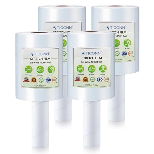 TICONN Stretch Wrap Roll, 5 in x 1000 ft Plastic Wrap for Moving Furniture | Odorless Industrial Strength Stretch Film, 350% Stretchability, Self-Adhering, Ideal for Furniture, Box Protection - style: 5''-4PK