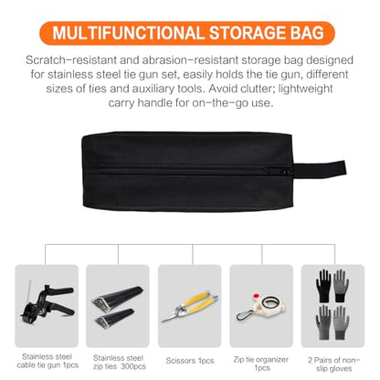 Stainless Steel Cable Tie Gun Kit：With 300pcs Uv Resistant Black Metal Zip Ties Heavy Duty Outdoor (150 Each of 8, 12 Inch) Adjustable Fastening Cutting Tie Tool Sets，for Chainlink Fence，Exhaust Wrap