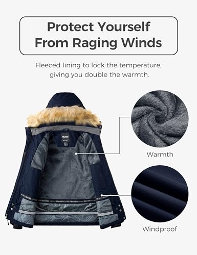 Wantdo Women's Waterproof Ski Jacket Windproof Winter Snow Coat Mountain Snowboarding Jackets Outdoor Fleece Parka - color: Navy, size: Medium