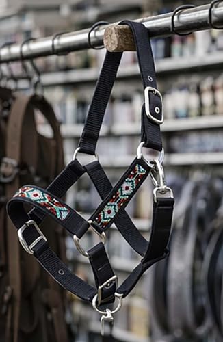 CHALLENGER Nylon Horse Beaded Halter Nickle Plated Hardware w/Lead Rope Tack Blue 606175 - color: Black, size: Cob Size
