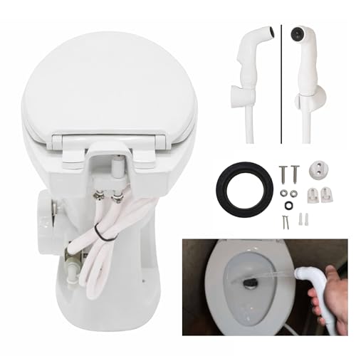 SEAFLO Porcelain RV Toilet with Sprayer Attachment - Elongated Bowl 19” Inch Residential Height, Gravity Flush, Foot Pedal Soft Close Seat Camper Motorhome Easy Install 4 -year Warranty SFRTCH-02-02 - color: White (Ceramic Bowl with Sprayer)