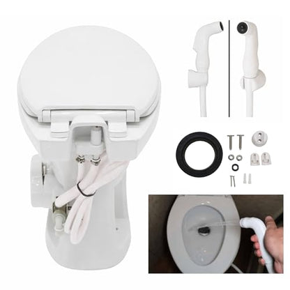 SEAFLO Porcelain RV Toilet with Sprayer Attachment - Elongated Bowl 19” Inch Residential Height, Gravity Flush, Foot Pedal Soft Close Seat Camper Motorhome Easy Install 4 -year Warranty SFRTCH-02-02 - color: White (Ceramic Bowl with Sprayer)
