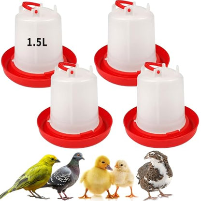 4 Pack 1.5L Gravity-Fed Chick Waterer – Hanging Poultry Drinker Kit | No-Spill Water Dispenser for Chickens, Ducks, Quail, Pigeons, Brooder and Coop Use