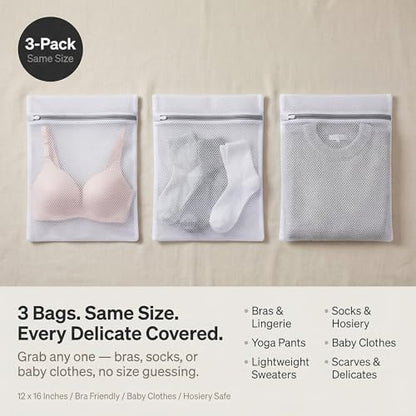 Mesh Laundry Bags for Delicates, 3 Pack, 12 x 16 Inches | Honeycomb mesh protects bras, lingerie, and underwear from snags — zippered closure stays secure throughout the wash cycle