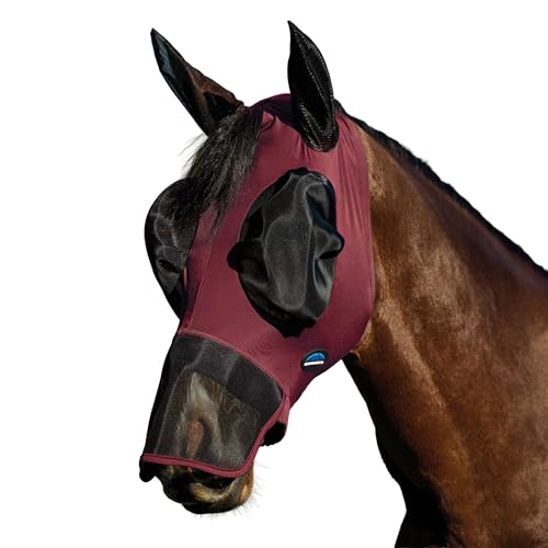 WeatherBeeta ComFiTec Luxe Stretch Fly Mask with Ears & Nose, Burgundy/Black, Medium - color: Burgundy/Black, size: M