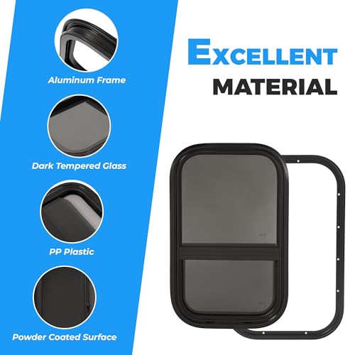 HECASA Universal RV Window 14" W x 22" H W/Trim Ring & Mesh Screen Vertical | Sliding Camper Teardrop Side Replacement Tinted Tempered Glass Aluminium Plastic - size: 14" W x 22" H