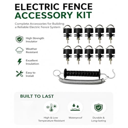 Heavy Duty PP Electric Fence Spring Gate Kit with Handles | With 10-Pack Insulators for Farm, Ranch, Garden, Toolless Strain Insulator Kit For Chain Link, Metal T-Post Farm Fence