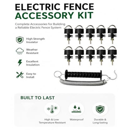 Heavy Duty PP Electric Fence Spring Gate Kit with Handles | With 10-Pack Insulators for Farm, Ranch, Garden, Toolless Strain Insulator Kit For Chain Link, Metal T-Post Farm Fence