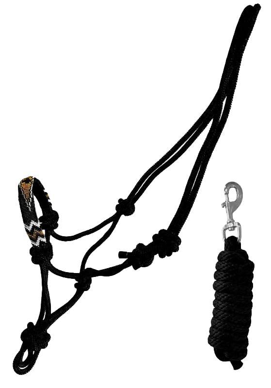 Nylon Horse Size Cowboy Knot Rope Halter with Beaded Cross Nose and Removable Lead - color: Black