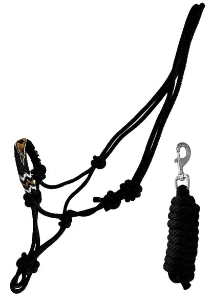 Nylon Horse Size Cowboy Knot Rope Halter with Beaded Cross Nose and Removable Lead - color: Black