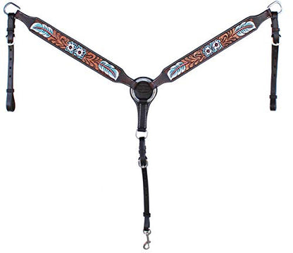 CHALLENGER Horse Western Leather Tooled Headstall Bridle Breast Collar Tack Set 78HRBrowbandSet - color: Brown Leather, Turquoise Feather
