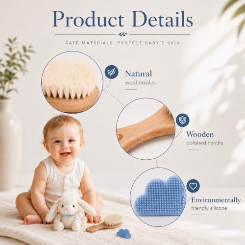 Baby Hair Brush & Comb Set, Organic Wooden Hairbrush Natural Goat Bristles for Newborns & Toddlers, Ideal for Cradle Cap & Itching, Perfect Shower and Registry Gift for Infant, Toddler (2pcs-Blue) - size: 2pcs-Blue